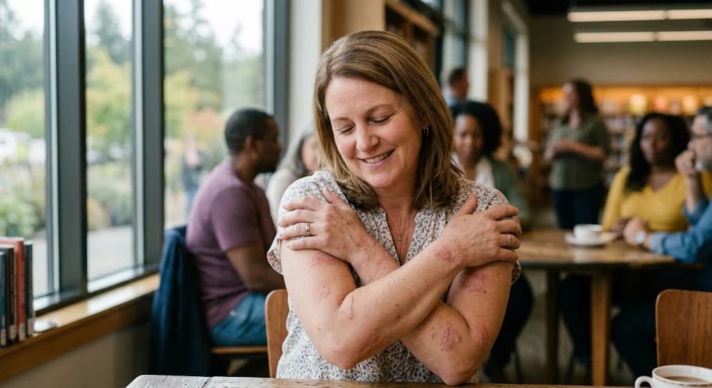 A smiling woman with psoriasis plaques on her arms hugging herself at a table in a busy library cafe