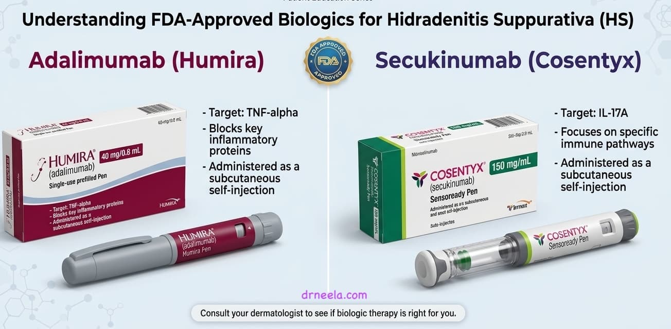 Infographic comparing two FDA-approved biologics for HS: adalimumab (Humira), which targets TNF-alpha, and secukinumab (Cosentyx), which targets IL-17A, both given as a subcutaneous self-injection
