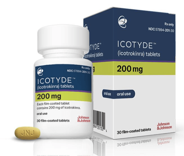 Icotyde (icotrokinra) 200 mg tablets, bottle and carton with a single tablet