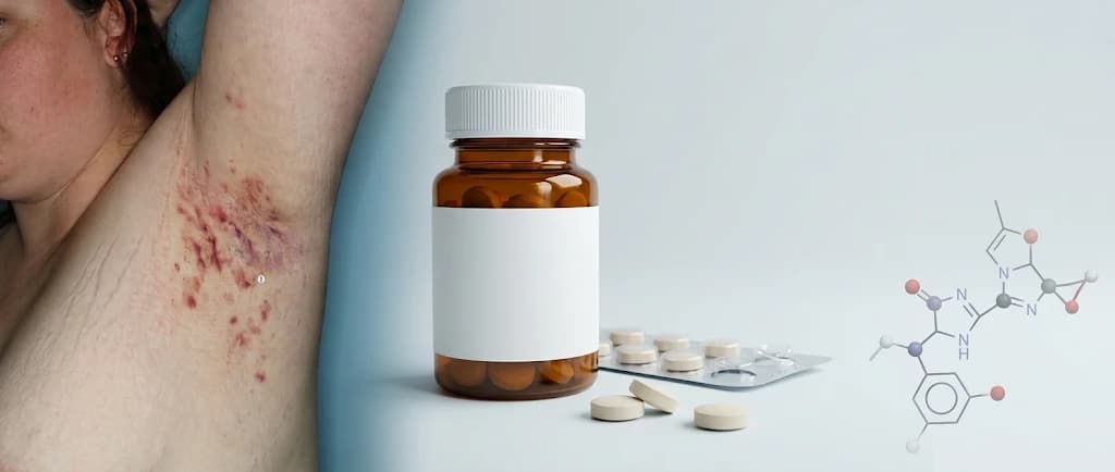 Hidradenitis suppurativa lesions in the underarm, beside a pill bottle, tablets and a molecular structure